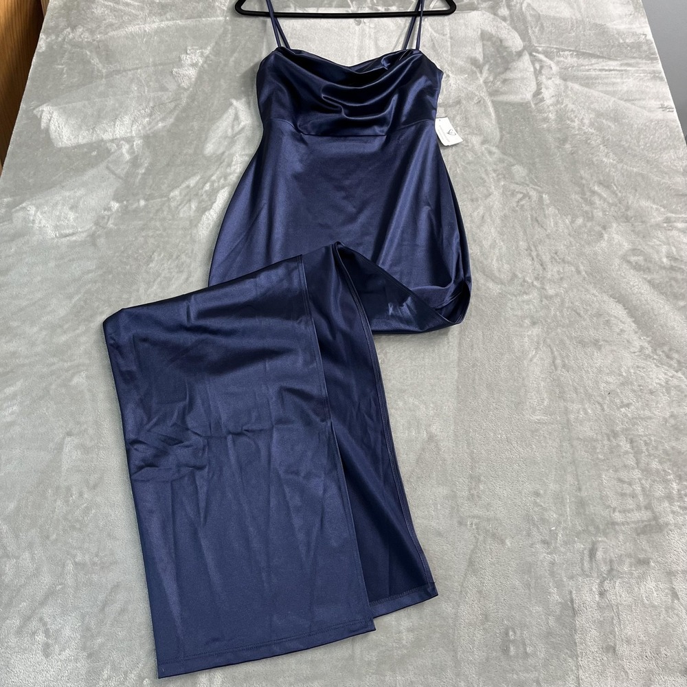 Windsor Dress Womens Large Blue Satin Cowl Neck Maxi Slip Side Slit Gown NWT